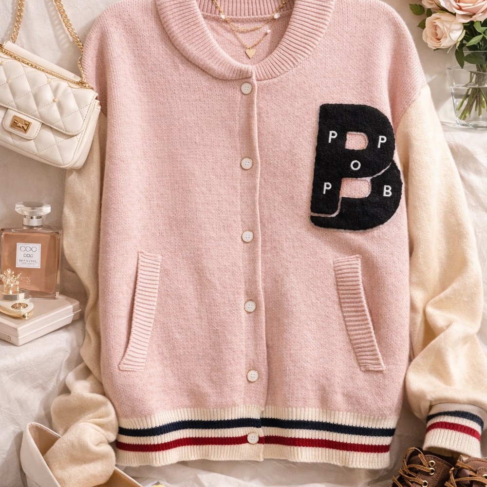 Casual Pink & Cream Varsity Cardigan Jacket